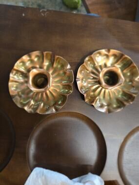 Vintage Gregorian Copper Ruffled Candle Holders Pair Signed Mid Century MCM USA